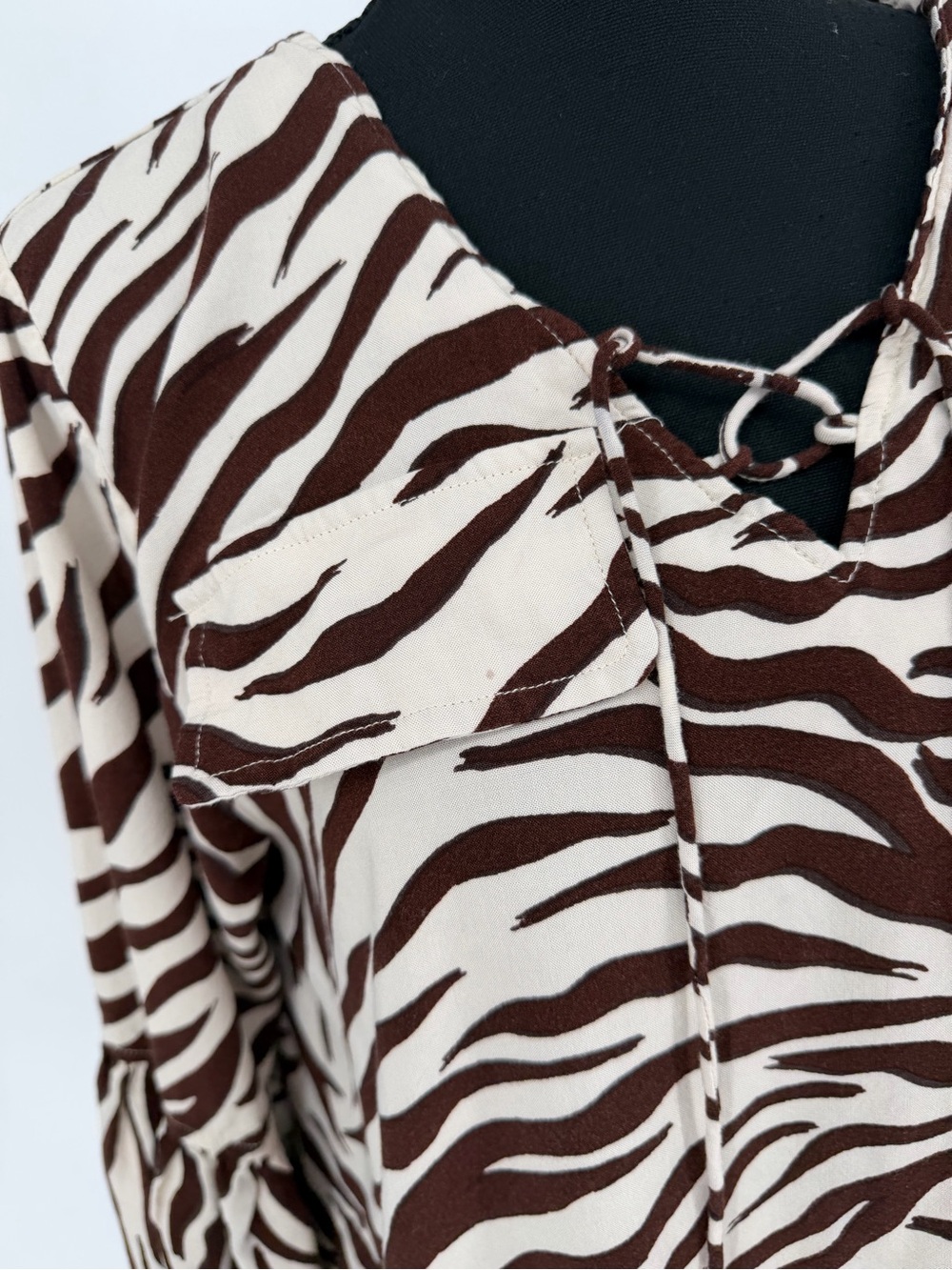 Women's Brown Zebra Print V-Neck Blouse with pockets and ties - Picture 2 of 10